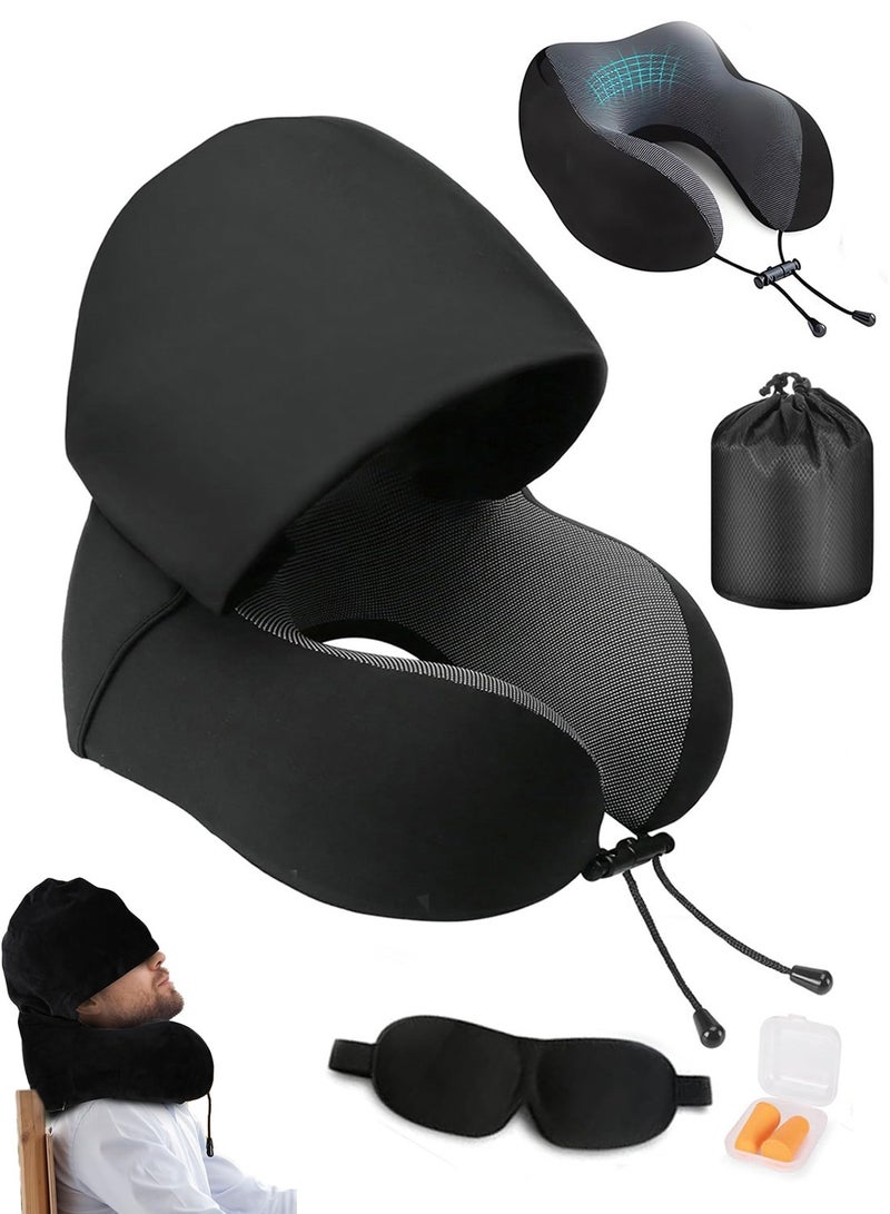 Foldable Memory Foam Travel Pillow with Hood, Ergonomic Head & Neck Support, Portable Dark Sleep Travel Pillow for Airplane, Car & Office – Black - Image 1